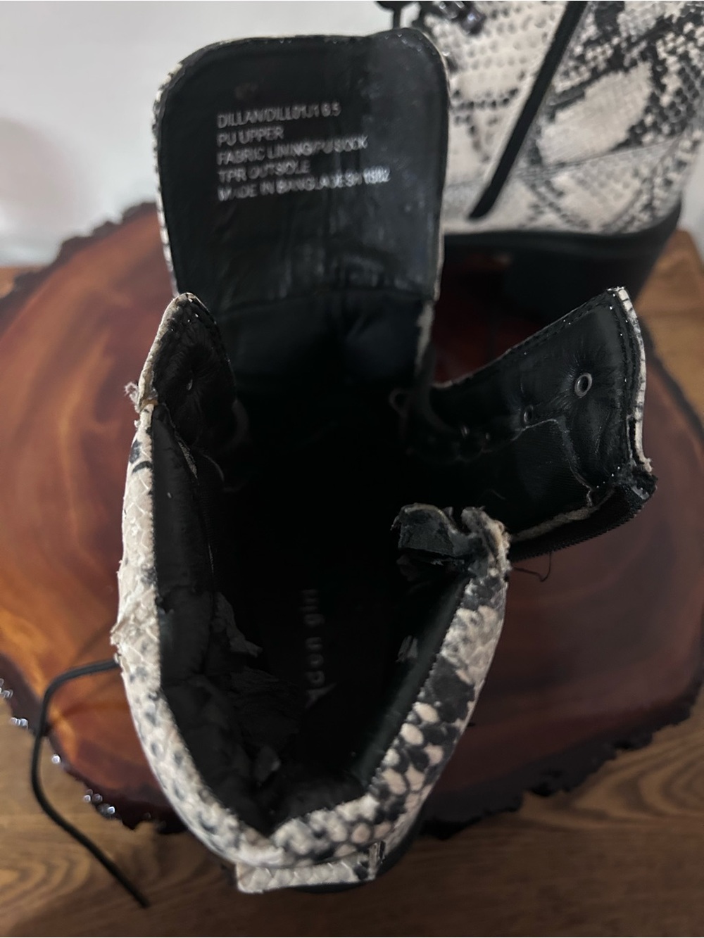 Madden Girl Black and White Snake-Print Combat Boots - Picture 14 of 14
